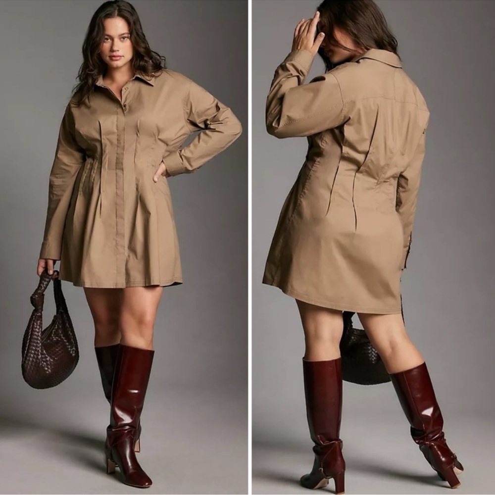 NWT Anthropologie X Pilcro Pintuck Mini Shirt Dress Color: KHAKI